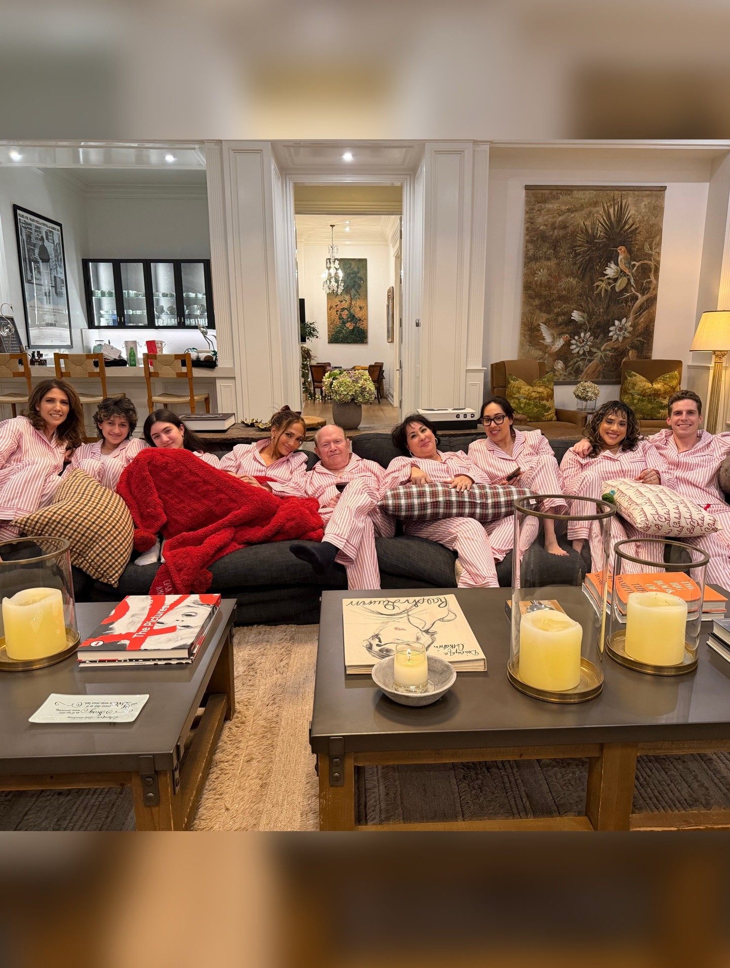 Jennifer Lopez Combines Striped Pajamas with Family