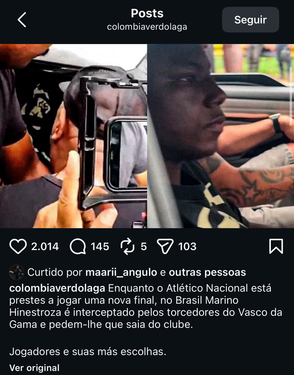 Marino likes post from Atlético Nacional page saying he made a bad choice coming to Vasco
