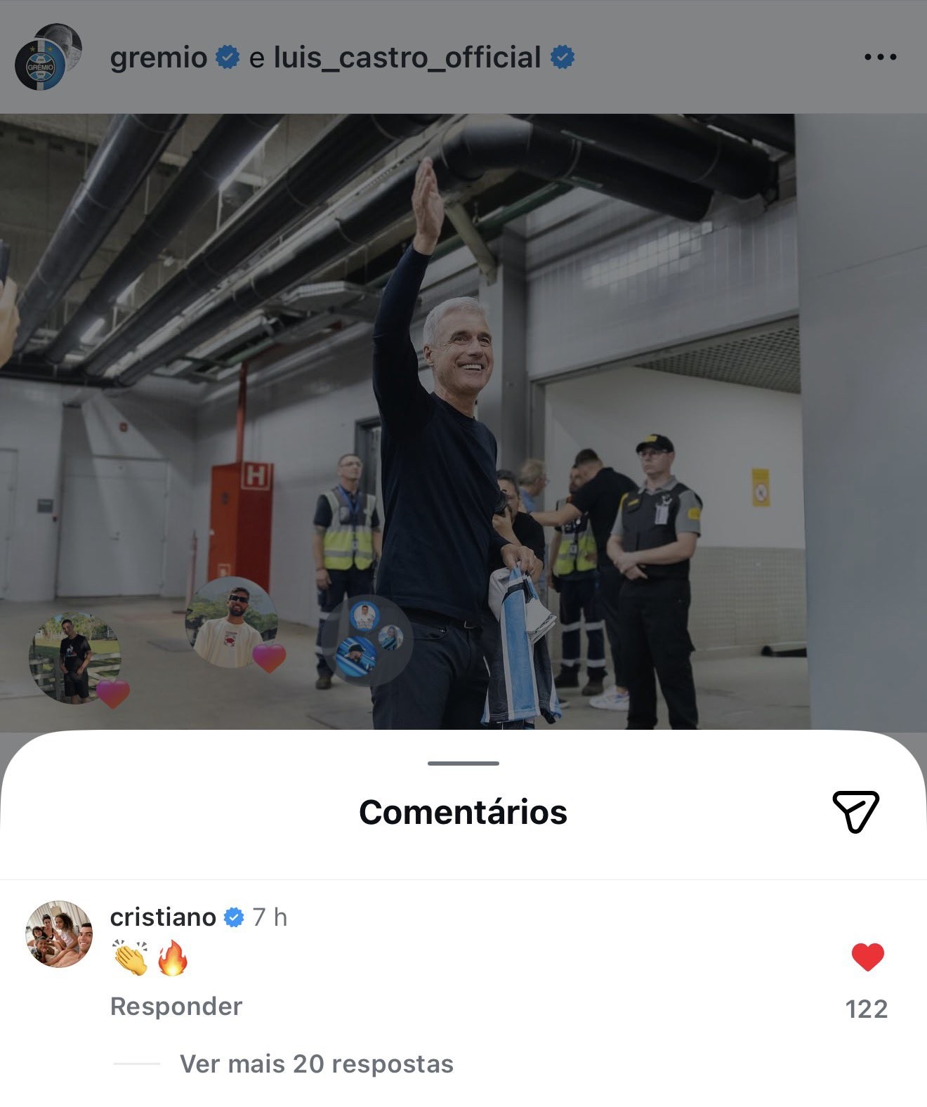 Cristiano Ronaldo comments on Grêmio's post about Luís Castro